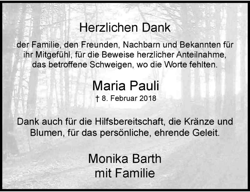 Traueranzeige für Maria Pauli vom 24.03.2018 aus trauer.wuppertaler-rundschau.de