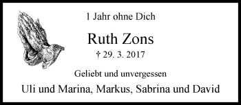 Traueranzeige von Ruth Zons von trauer.extra-tipp-moenchengladbach.de