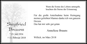 Traueranzeige von Siegfried Brauns von trauer.extra-tipp-moenchengladbach.de