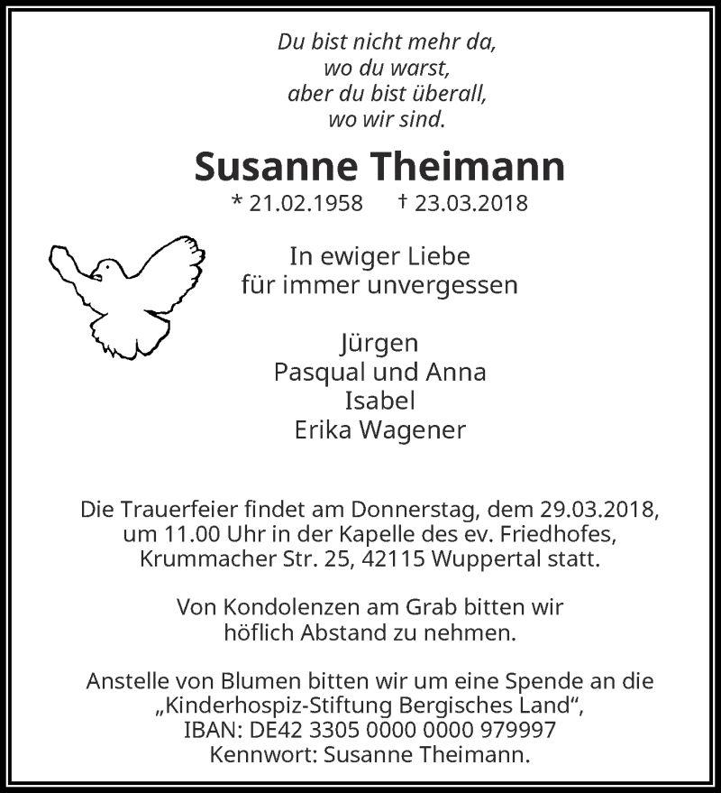  Traueranzeige für Susanne Theimann vom 28.03.2018 aus trauer.wuppertaler-rundschau.de