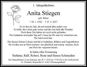 Traueranzeige von Anita Stiegen von trauer.extra-tipp-moenchengladbach.de