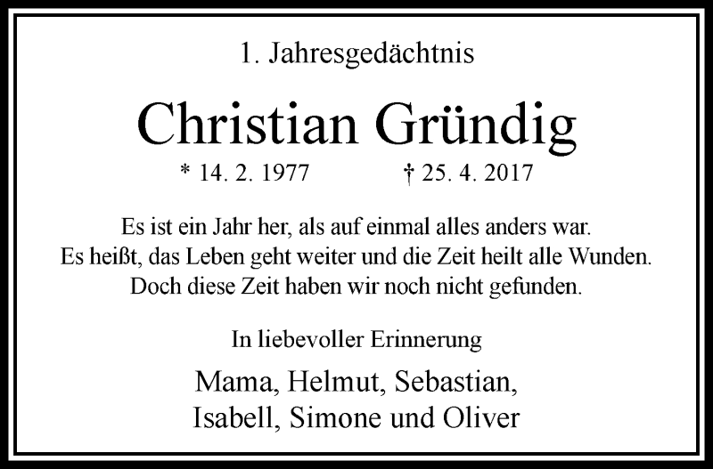  Traueranzeige für Christian Gründig vom 29.04.2018 aus trauer.extra-tipp-moenchengladbach.de