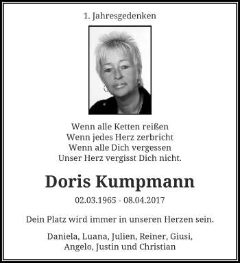 Traueranzeige von Doris Kumpmann von trauer.wuppertaler-rundschau.de