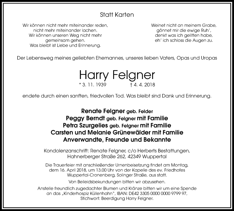  Traueranzeige für Harry Felgner vom 07.04.2018 aus trauer.wuppertaler-rundschau.de