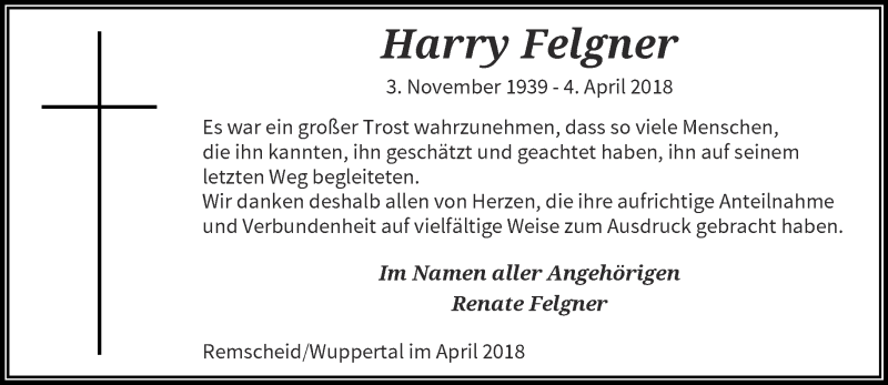  Traueranzeige für Harry Felgner vom 28.04.2018 aus trauer.wuppertaler-rundschau.de