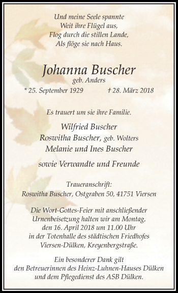 Traueranzeige von Johanna Buscher von trauer.extra-tipp-moenchengladbach.de