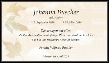 Traueranzeige von Johanna Buscher von trauer.extra-tipp-moenchengladbach.de