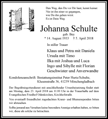 Traueranzeige von Johanna Schulte von trauer.extra-tipp-moenchengladbach.de