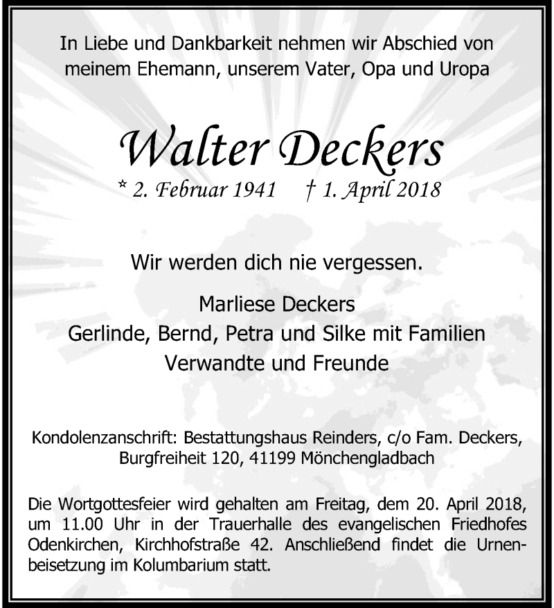  Traueranzeige für Walter Deckers vom 08.04.2018 aus trauer.extra-tipp-moenchengladbach.de