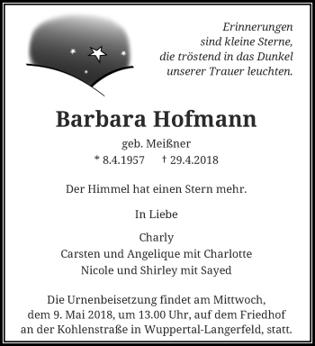 Traueranzeige von Barbara Hofmann von trauer.wuppertaler-rundschau.de