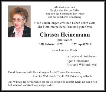 Traueranzeige von Christa Heinemann von trauer.extra-tipp-moenchengladbach.de