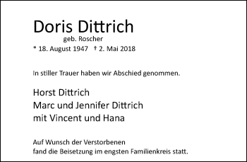 Traueranzeige von Doris Dittrich von trauer.extra-tipp-moenchengladbach.de