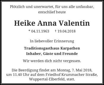Traueranzeige von Heike Anna Valentin von trauer.wuppertaler-rundschau.de