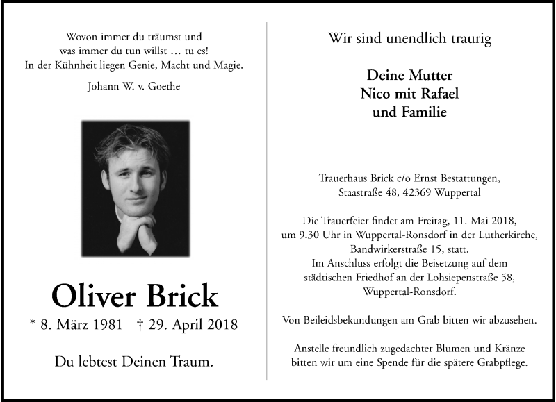  Traueranzeige für Oliver Brick vom 05.05.2018 aus trauer.wuppertaler-rundschau.de