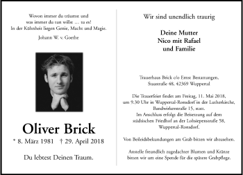 Traueranzeige von Oliver Brick von trauer.wuppertaler-rundschau.de