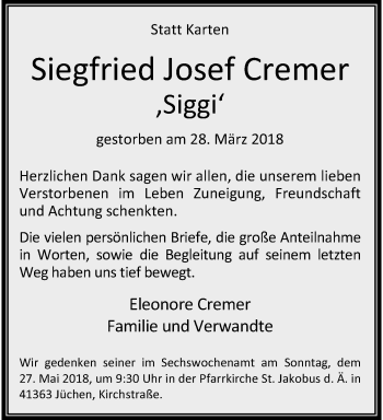 Traueranzeige von Siegfried Josef Cremer von trauer.extra-tipp-moenchengladbach.de