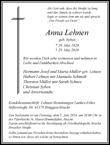 Traueranzeige von Anna Lehnen von trauer.extra-tipp-moenchengladbach.de