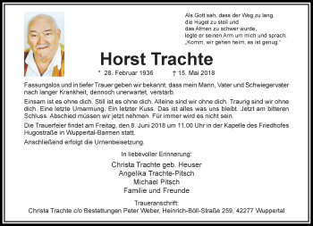 Traueranzeige von Horst Trachte von trauer.wuppertaler-rundschau.de