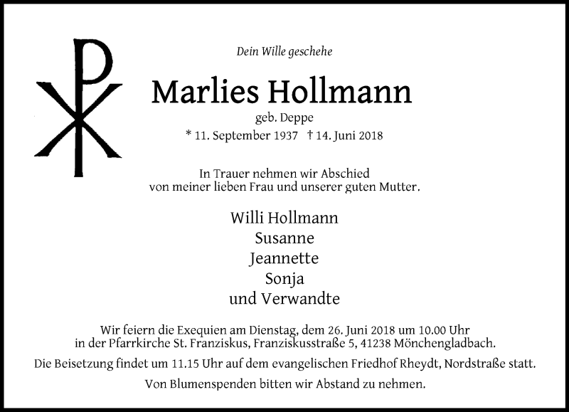  Traueranzeige für Marlies Hollmann vom 24.06.2018 aus trauer.extra-tipp-moenchengladbach.de