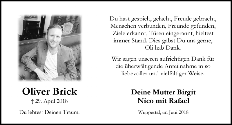  Traueranzeige für Oliver Brick vom 13.06.2018 aus trauer.wuppertaler-rundschau.de