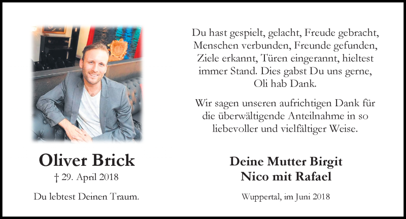  Traueranzeige für Oliver Brick vom 13.06.2018 aus trauer.wuppertaler-rundschau.de