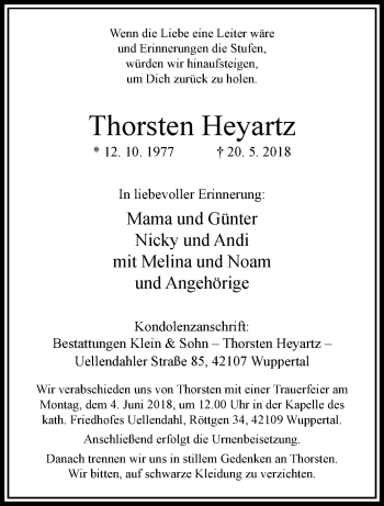 Traueranzeige von Thorsten Heyartz von trauer.wuppertaler-rundschau.de