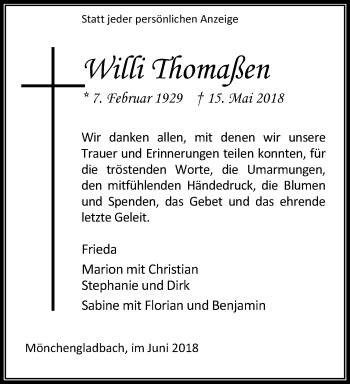 Traueranzeige von Willi Thomaßen von trauer.extra-tipp-moenchengladbach.de