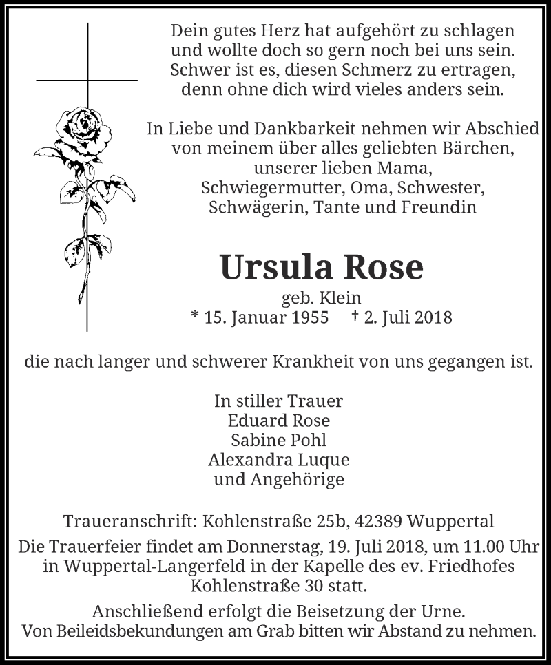  Traueranzeige für Ursula Rose vom 14.07.2018 aus trauer.wuppertaler-rundschau.de