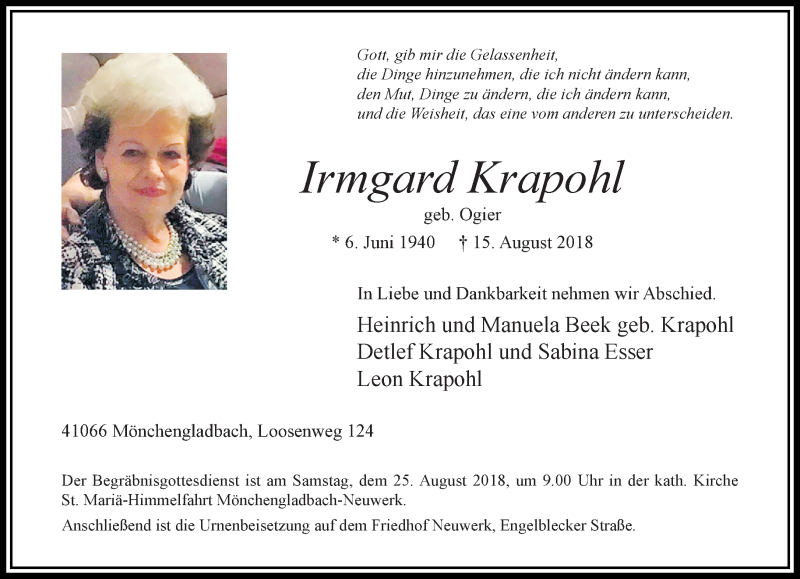  Traueranzeige für Irmgard Krapohl vom 19.08.2018 aus trauer.extra-tipp-moenchengladbach.de