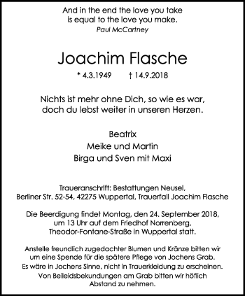 Traueranzeige von Joachim Flasche von trauer.wuppertaler-rundschau.de