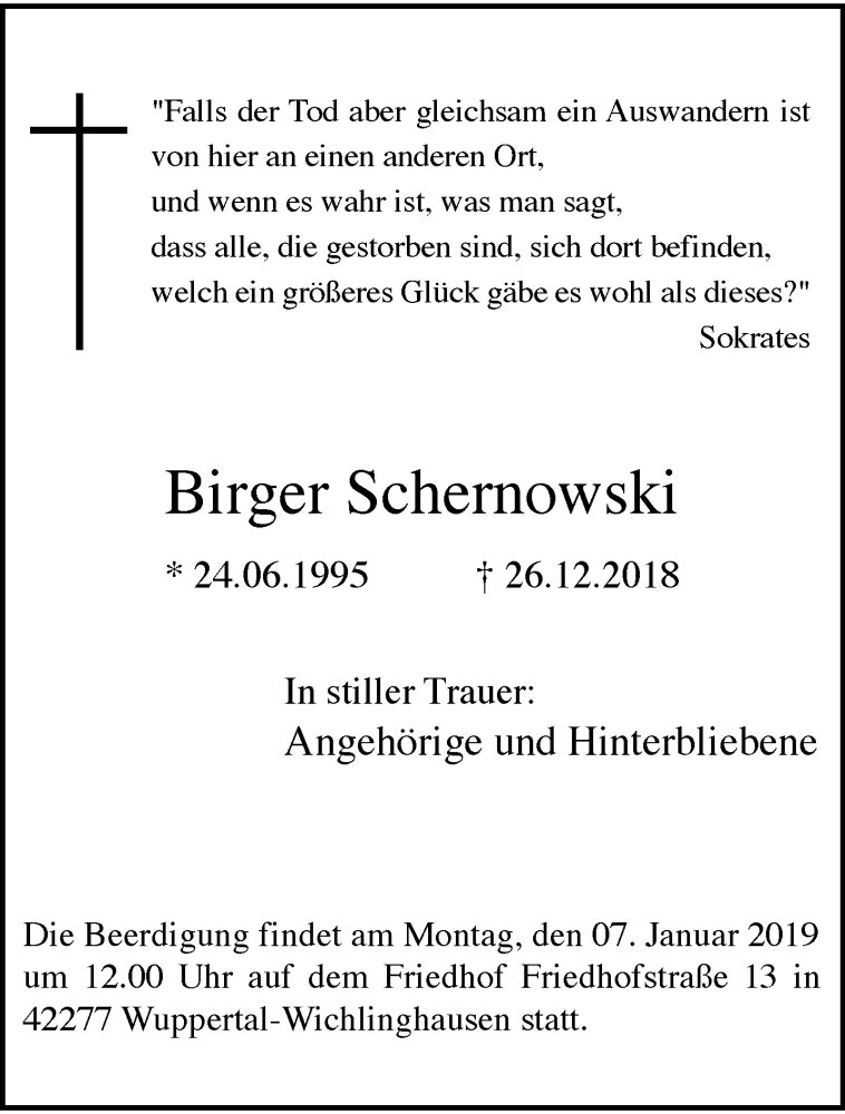 Traueranzeige für Birger Schernowski vom 05.01.2019 aus trauer.wuppertaler-rundschau.de