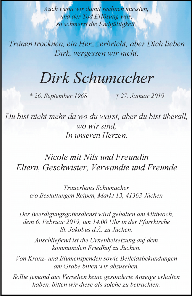  Traueranzeige für Dirk Schumacher vom 30.01.2019 aus trauer.stadt-kurier.de