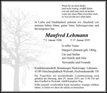 Traueranzeige von Manfred Lehmann von trauer.extra-tipp-moenchengladbach.de