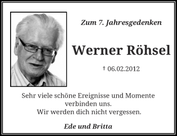 Traueranzeige von Werner Röhsel von trauer.wuppertaler-rundschau.de