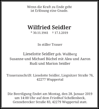 Traueranzeige von Wilfried Seidler von trauer.wuppertaler-rundschau.de