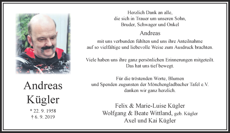  Traueranzeige für Andreas Kügler vom 27.10.2019 aus trauer.extra-tipp-moenchengladbach.de