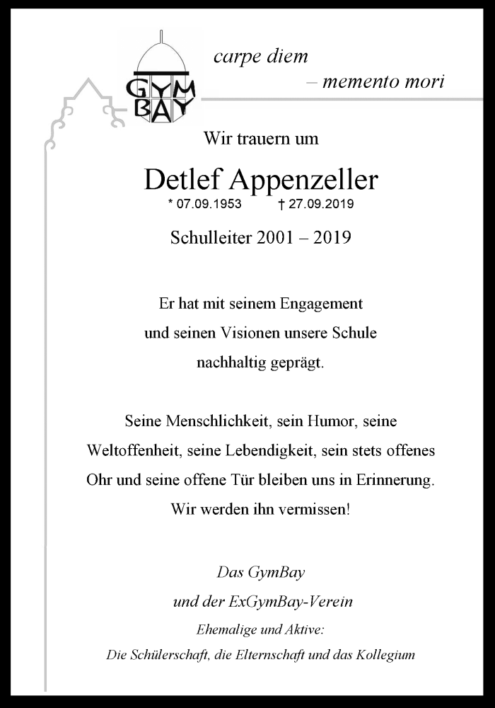  Traueranzeige für Detlef Appenzeller vom 12.10.2019 aus trauer.wuppertaler-rundschau.de