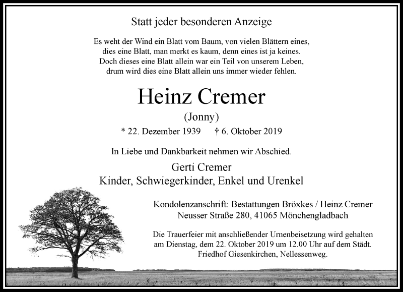  Traueranzeige für Heinz Cremer vom 13.10.2019 aus trauer.extra-tipp-moenchengladbach.de