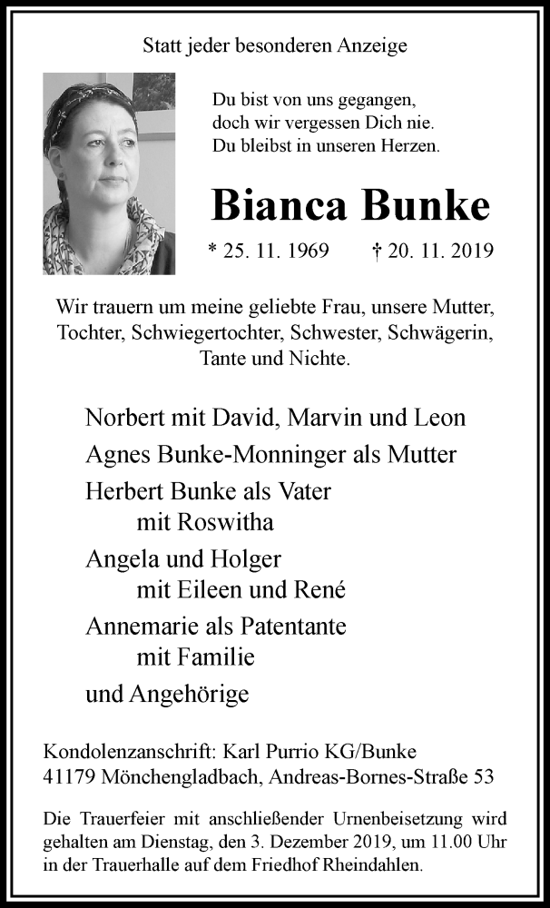  Traueranzeige für Bianca Bunke vom 01.12.2019 aus trauer.extra-tipp-moenchengladbach.de