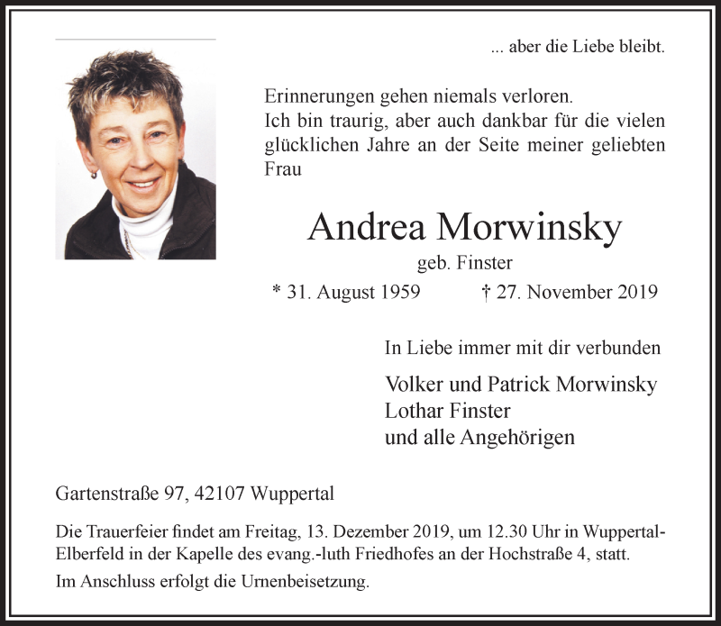  Traueranzeige für Andrea Morwinsky vom 11.12.2019 aus trauer.wuppertaler-rundschau.de