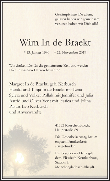 Traueranzeige von Wim In de Braekt von trauer.extra-tipp-moenchengladbach.de