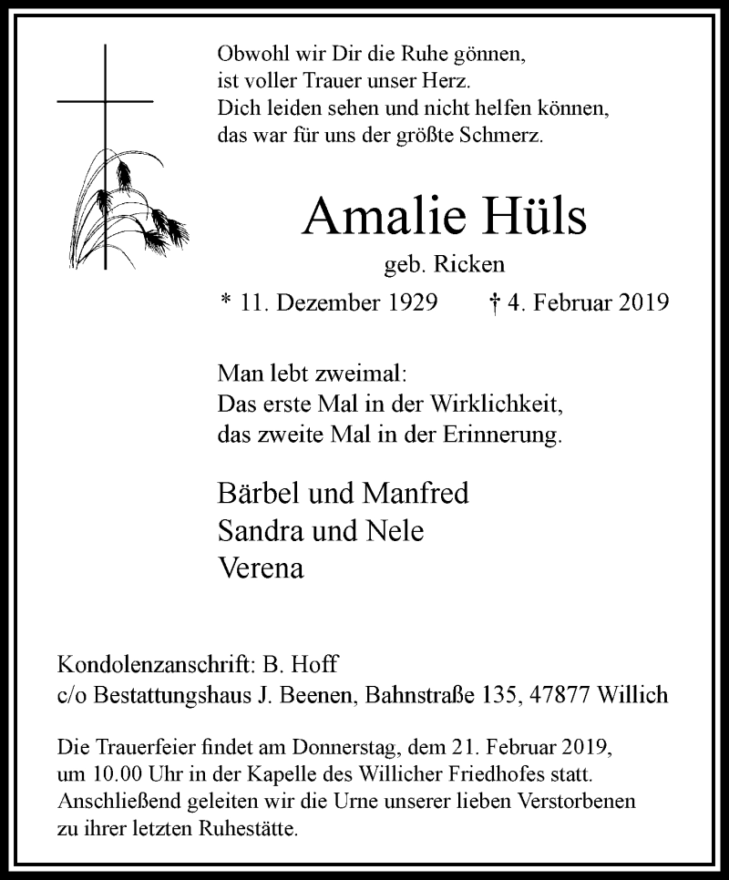  Traueranzeige für Amalie Hüls vom 13.02.2019 aus trauer.extra-tipp-moenchengladbach.de