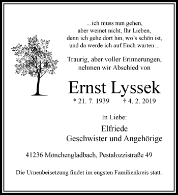 Traueranzeige von Ernst Lyssek von trauer.extra-tipp-moenchengladbach.de