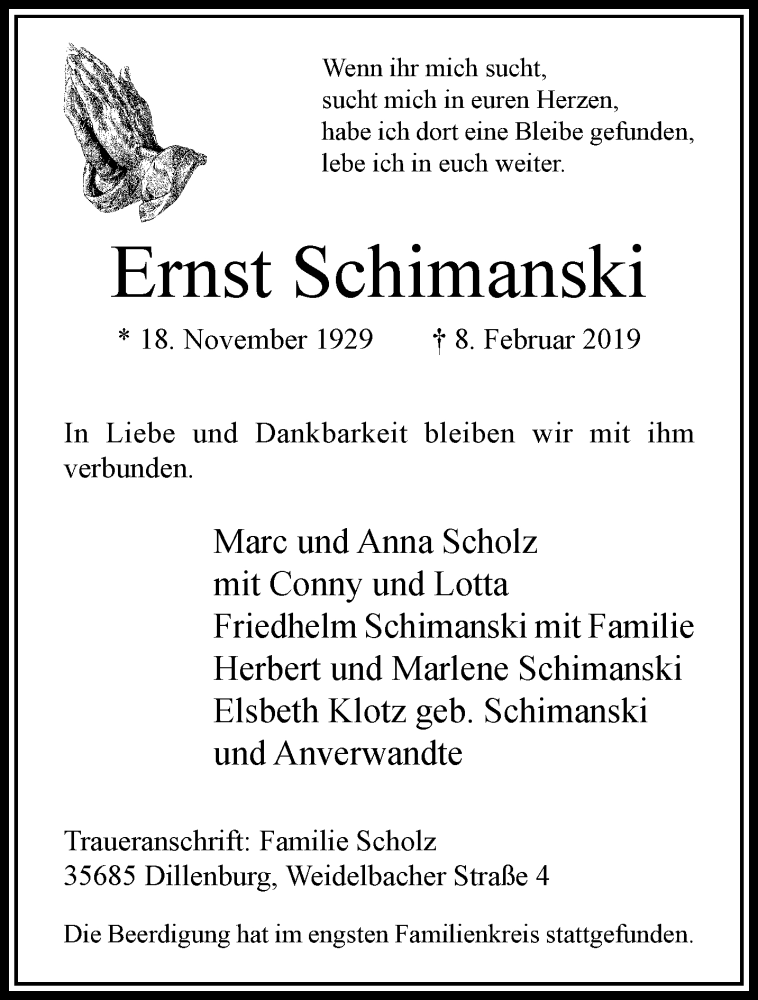  Traueranzeige für Ernst Schimanski vom 17.02.2019 aus trauer.extra-tipp-moenchengladbach.de