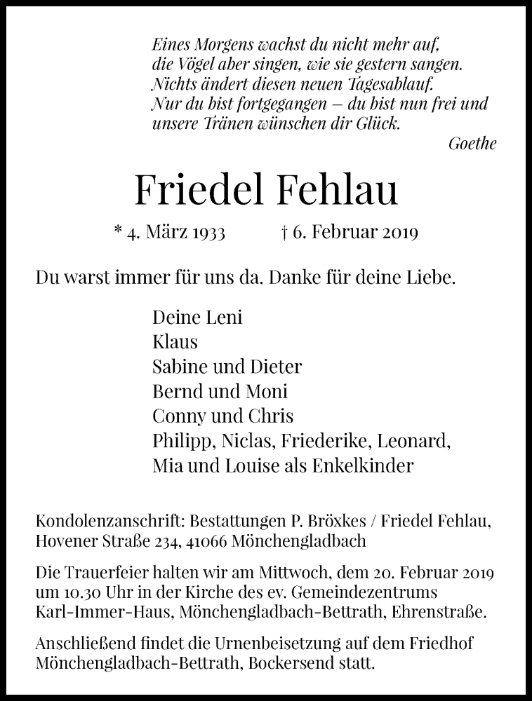  Traueranzeige für Friedel Fehlau vom 17.02.2019 aus trauer.extra-tipp-moenchengladbach.de