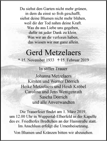 Traueranzeige von Gerd Metzelaers von trauer.wuppertaler-rundschau.de