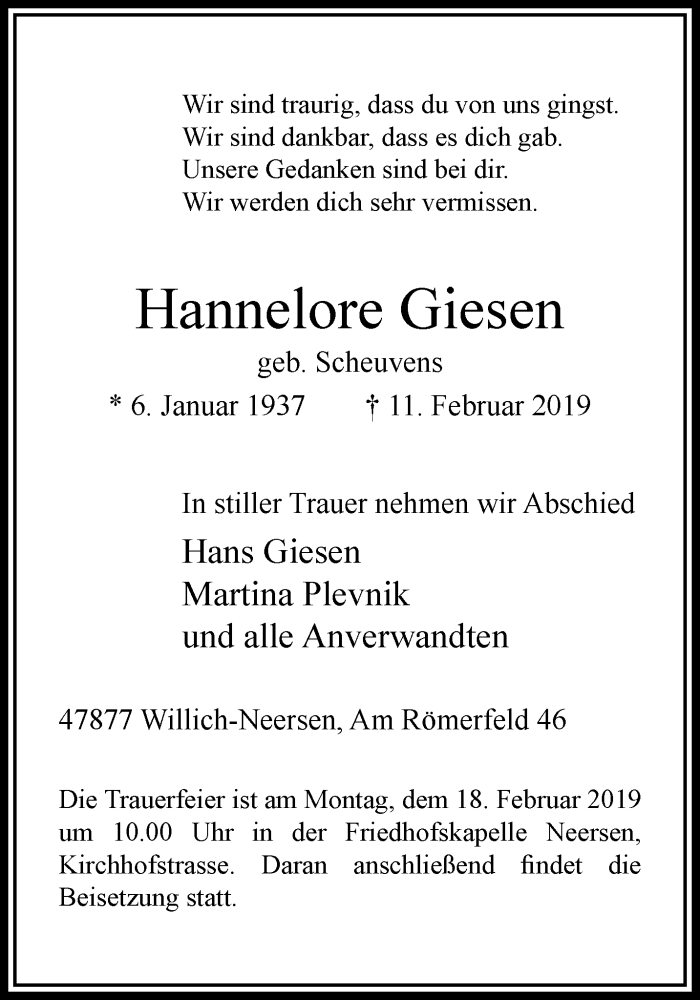  Traueranzeige für Hannelore Giesen vom 13.02.2019 aus trauer.extra-tipp-moenchengladbach.de