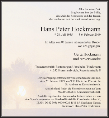 Traueranzeige von Hans Peter Hockmann von trauer.extra-tipp-moenchengladbach.de