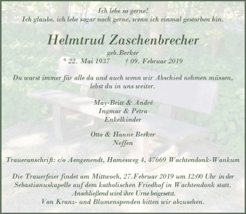 Traueranzeige von Helmtrud Zaschenbrecher von trauer.stadt-panorame.de
