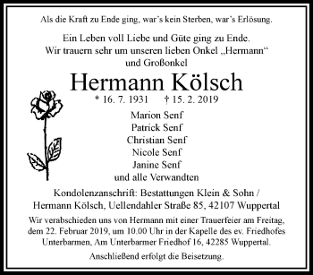 Traueranzeige von Hermann Kölsch von trauer.wuppertaler-rundschau.de